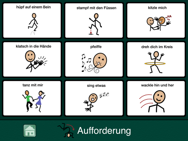Neun Felder mit Symbolbildern für verschiedene Aufforderungen wie z.B.: "hüpf auf einem Bein", oder "sing etwas".